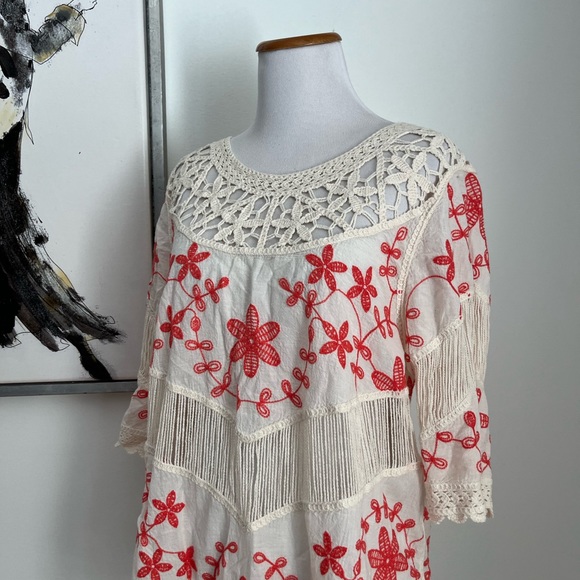 Oliver Orange & Ivory Embroidered Crochet Boho Top Size Small - Picture 3 of 9